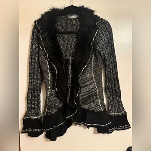 Neiman Marcus Faux Fur Trim Ruffle Knit Cardigan Sweater Black Gray Women’s